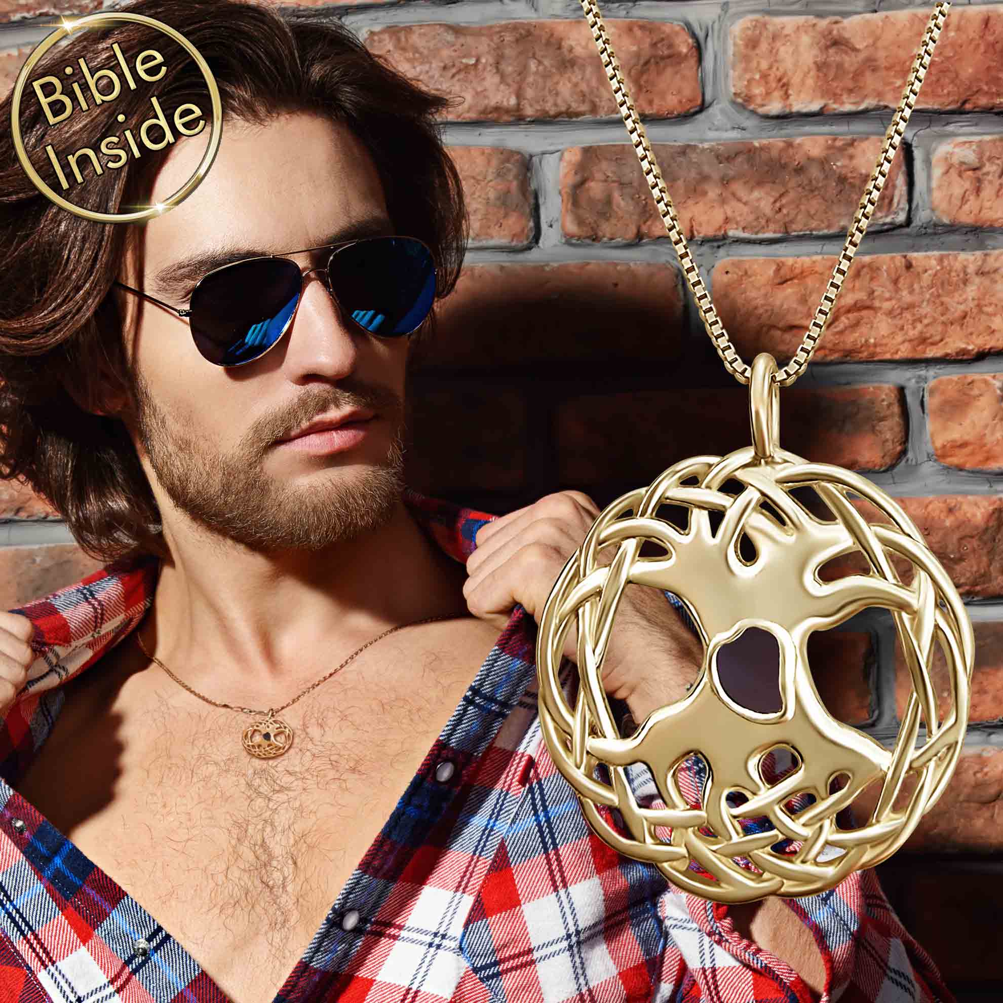Bible Verse Gift Ideas: Man Wearing Gold Pendant with New Testament Inside - My Nano Jewelry